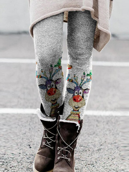 Womens Gray Thick Warm Legging Christmas Cartoon Reindeer Printed