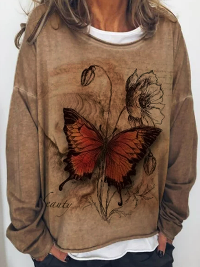 Long sleeve round neck nostalgic butterfly flower print casual loose top women's sweater