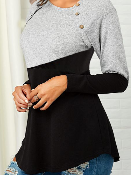 Casual Color Block T-shirt Black and gray irregular contrast button design slim top