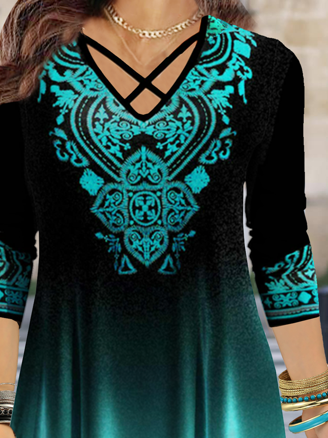 JFN V Neck Ombre Ethnic Loose Long Sleeve Top