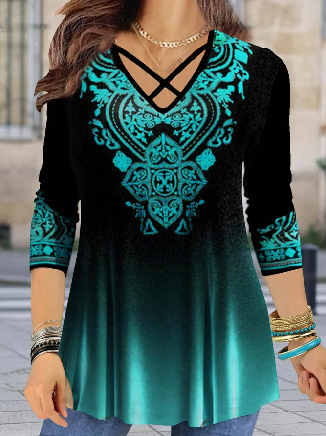 JFN V Neck Ombre Ethnic Loose Long Sleeve Top