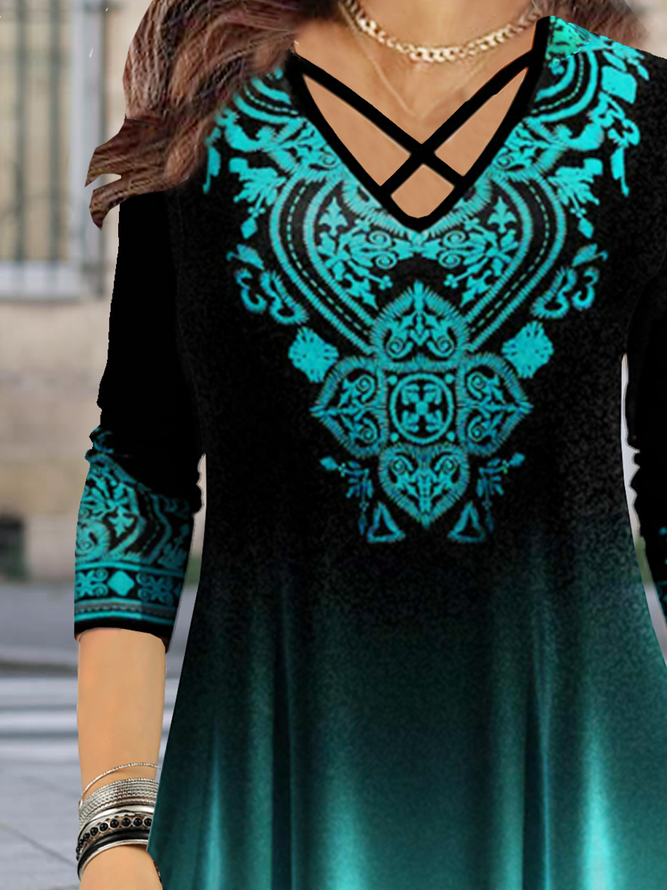JFN V Neck Ombre Ethnic Loose Long Sleeve Top