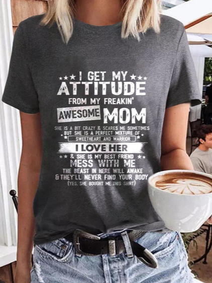 I Get A Awesome Mom Print Crew Neck Casual Cotton Blends Shirts & Tops