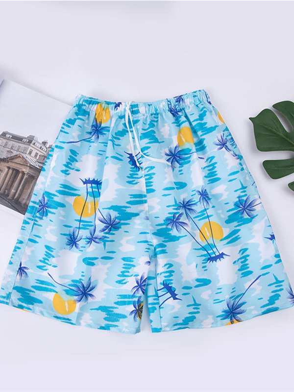 Men's Print Beach Shorts Quick Dry Drawstring Hawaiian Swim Trunks Casual Elastic Waist Printed Swimming Shorts