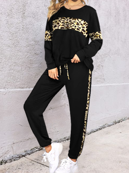 Leopard print stitching fashion sports sweatshirt two-piece suit Crew Neck Sporty Two Piece Sets