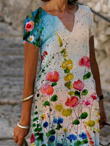 Vacation Floral Cotton Blends Weaving Dress