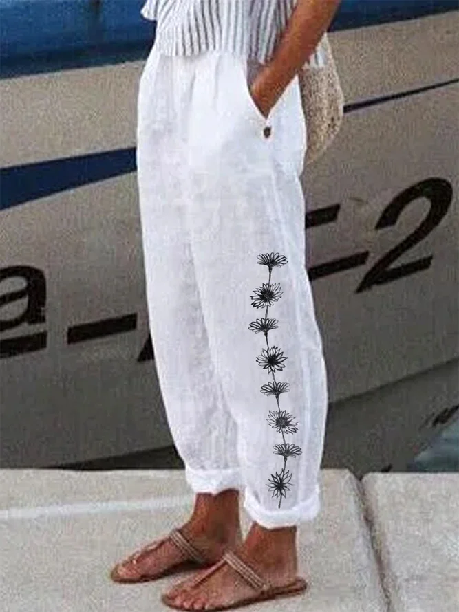 Women's Loose Casual Baggy Linen & Cotton Daisy Floral Pant 
