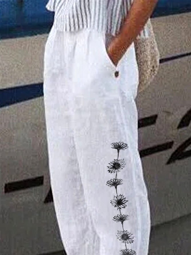 Women's Loose Casual Baggy Linen & Cotton Daisy Floral Pant 