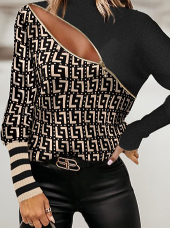 Classic checkered pattern contrast stitching front chest gold zipper closure decoration Sexy Loosen Shirts & Tops