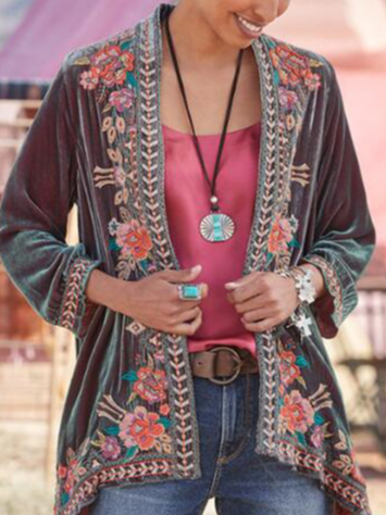 Loosen Velvet Floral Vacation Outerwear