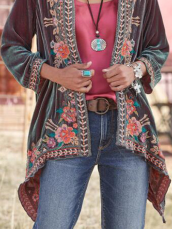 Loosen Velvet Floral Vacation Outerwear
