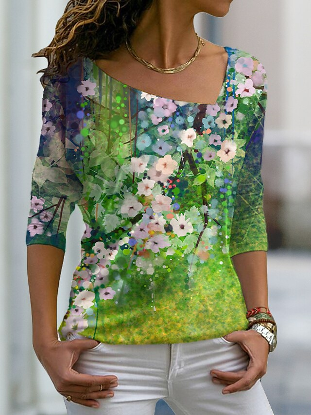 Casual Vacation Floral Asymmetrical Neck Cotton Blends Shirts & Tops