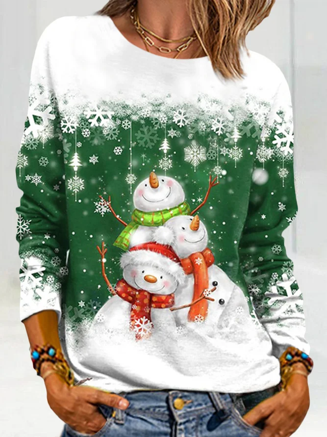 Women's Sweatshirt Christmas Snowman Printed Crew Neck Regular Fit
