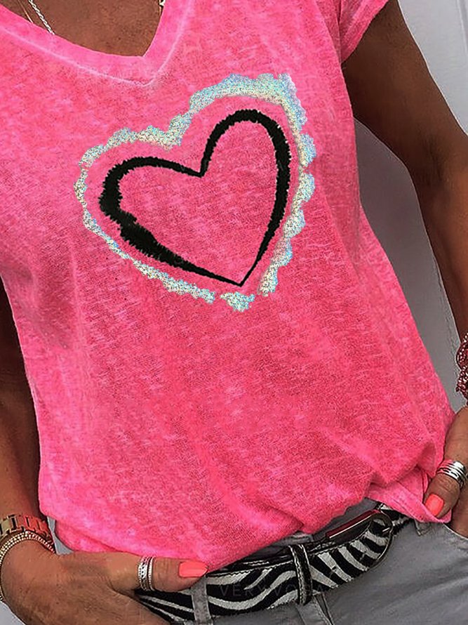 Print Sequins Heart V-Neck Short Sleeves Casual T-shirts