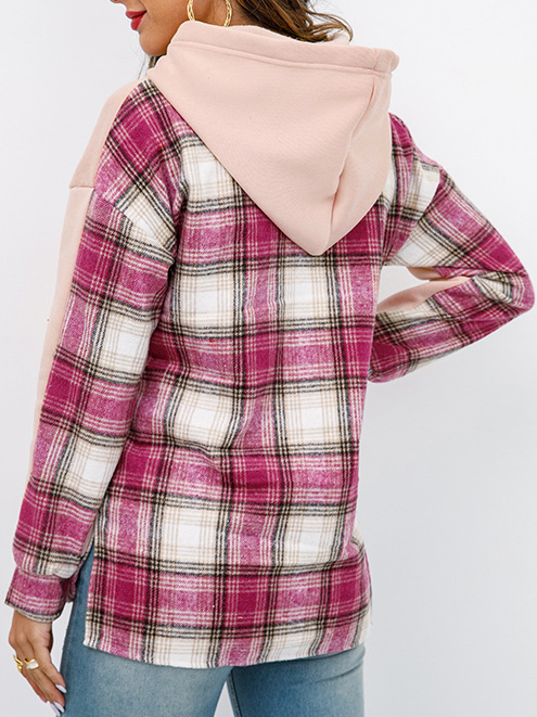 Checked/Plaid Patchwork Casual Hooded Sweatshirt