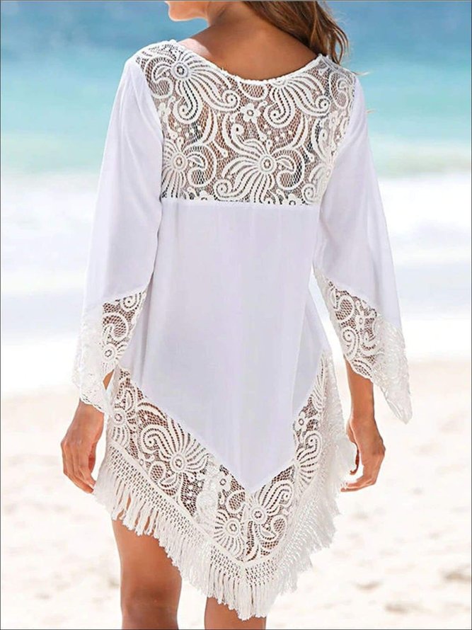 Women's Lace Hollow Out Fringe Hem Beach Prom Dress