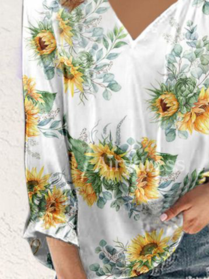 Vacation Cotton Blends Shirts & Tops Floral Sunflower