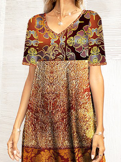 Brown Abstract Floral  Shift Dress  Ethnic V Neck Loosen Dresses