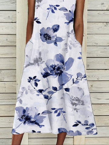 Casual Vacation Floral Regular Fit Cotton Blends Sleeveless Maxi Short sleeve women Dress