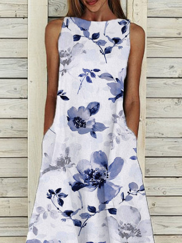 Casual Vacation Floral Regular Fit Cotton Blends Sleeveless Maxi Short sleeve women Dress