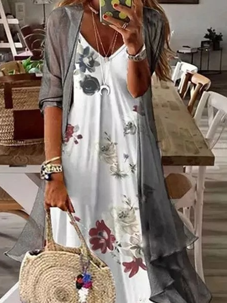 Loosen Spaghetti Floral Two Piece Dress