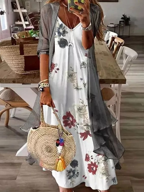 Loosen Spaghetti Floral Two Piece Dress