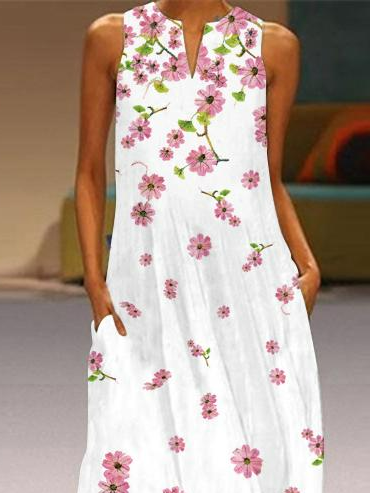 Floral V Neck Cotton Blends Vacation Dresses