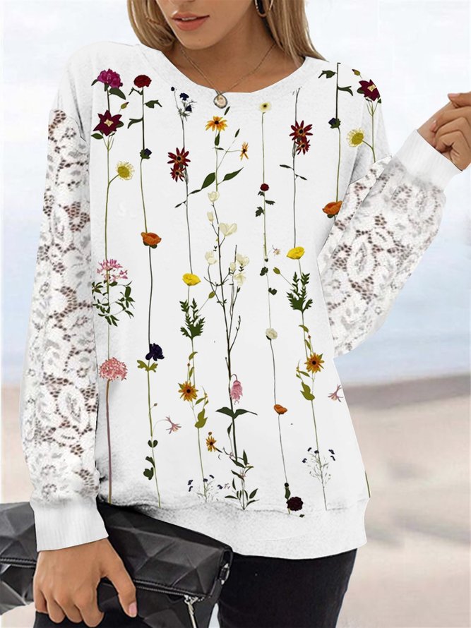 Vacation Crew Cotton Lace Floral Neck Loosen Sweatshirt