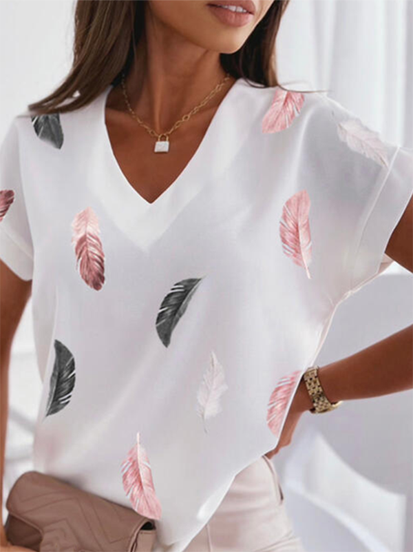 Feather Casual V Neck Short sleeve Short sleeve Top