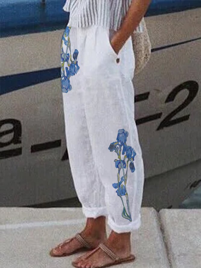 JFN Floral Pocketed Casual Pants White