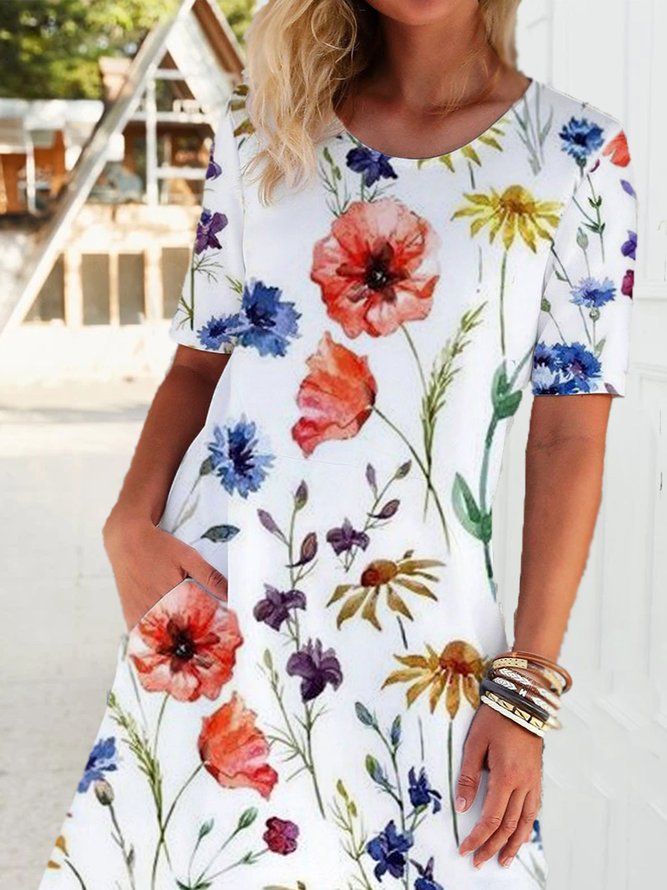 Tropical Floral Print Vacation Beach Midi Hawaiian Dress Regular Fit Round Neck Knee-length dress