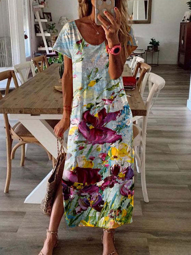 Floral Printing Regular Fit Round Neck Short Sleeve Midi Dress