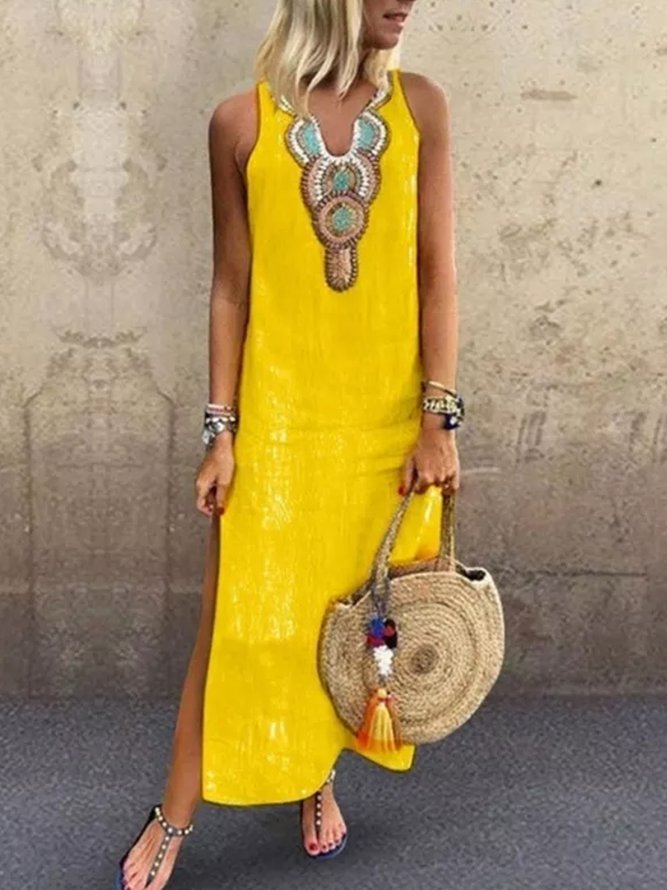 JFN V Neck Floral Tribal Casual Mexican Dress