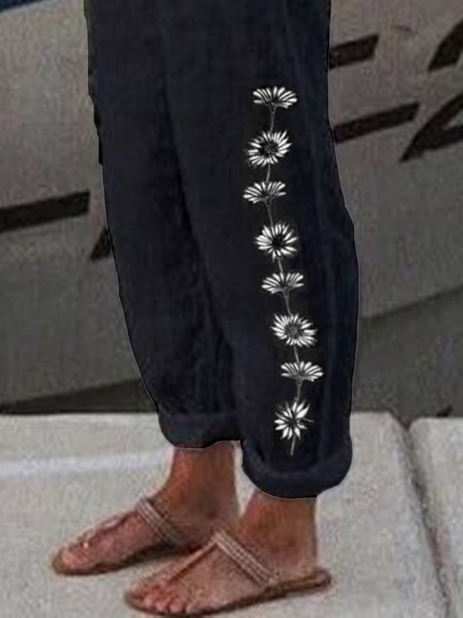 Women's Loose Casual Baggy Linen & Cotton Daisy Floral Pant 