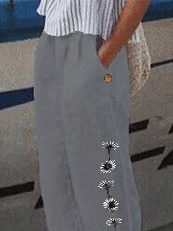 Women's Loose Casual Baggy Linen & Cotton Daisy Floral Pant 