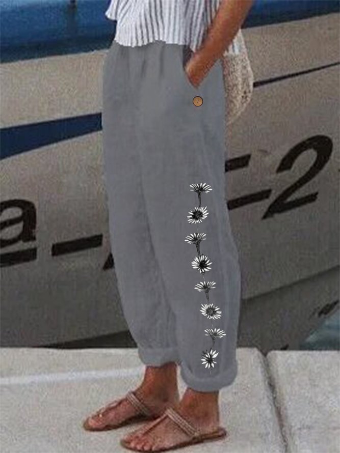 Women's Loose Casual Baggy Linen & Cotton Daisy Floral Pant 