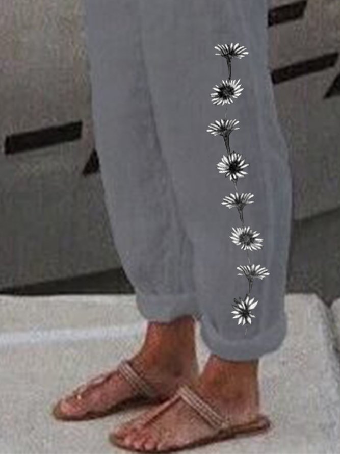 Women's Loose Casual Baggy Linen & Cotton Daisy Floral Pant 