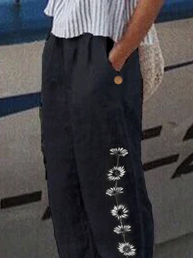 Women's Loose Casual Baggy Linen & Cotton Daisy Floral Pant 