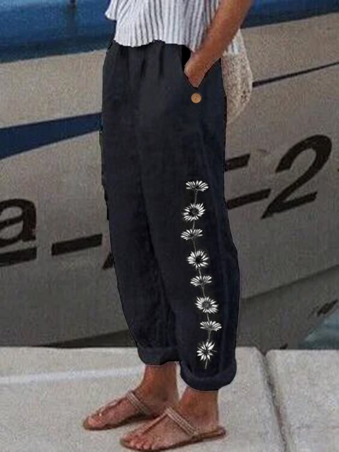 Women's Loose Casual Baggy Linen & Cotton Daisy Floral Pant 