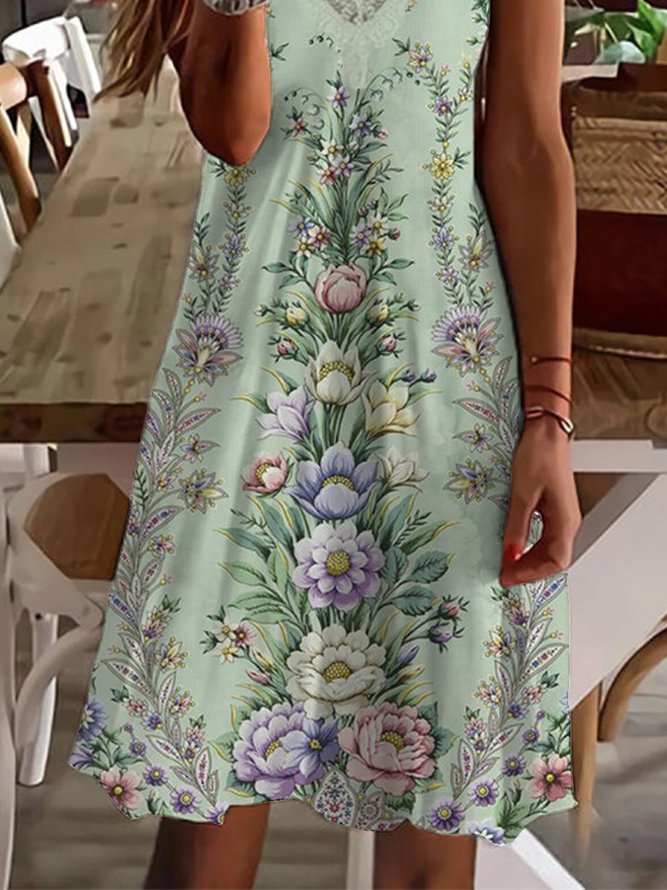 JFN V Neck Floral Vacation  Midi Prom Dress