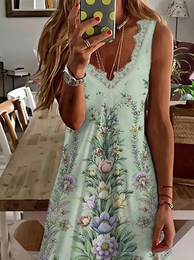 JFN V Neck Floral Vacation  Midi Prom Dress
