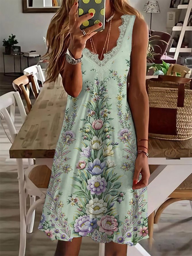 JFN V Neck Floral Vacation  Midi Prom Dress