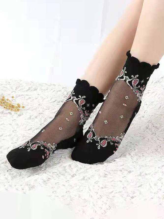 JFN JFN Transparent Lace flower stockings Crystal Silk Floral Socks