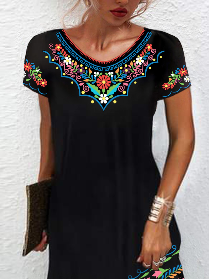 JFN O Neck Floral Tribal Casual Mexican Dress