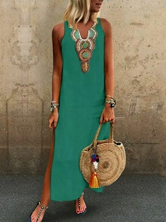 JFN V Neck Floral Tribal Casual Mexican Dress