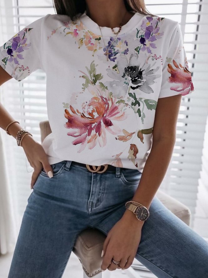 JFN Crew Neck Floral Casual T-Shirt