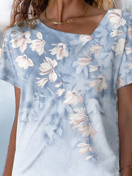 JFN Asymmetrical V Neck Floral Casual T-Shirt/Tee