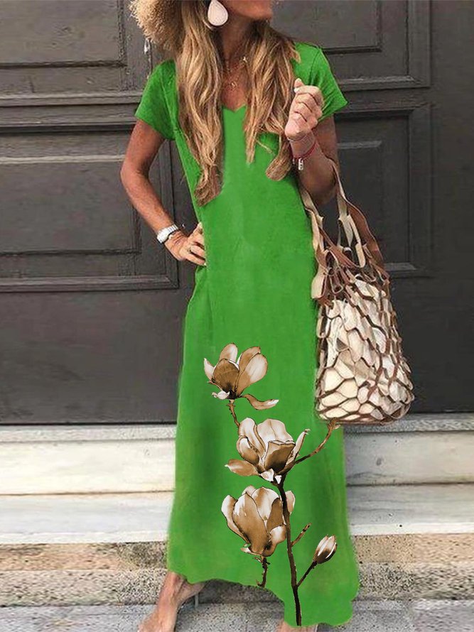 Floral Printed V Neck Casual Vacation Short Sleeve Green Maxi Dress