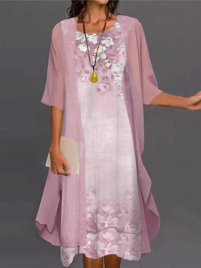 Women's Shift Dress Midi Dress half Sleeve Floral Print Spring Summer 2PCS V Neck Casual Dress