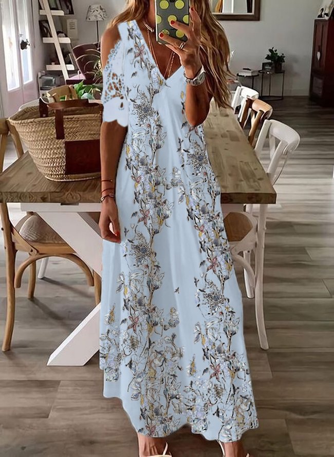 JFN V neck Off Shoulder Butterfly Floral Vacation Maxi Prom Dress ...